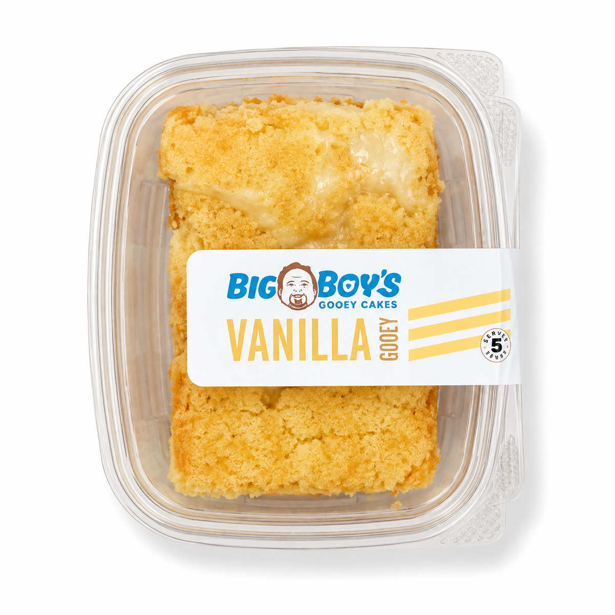 Packaged vanilla cake with Big Boy's Gooey Cakes label on a white background