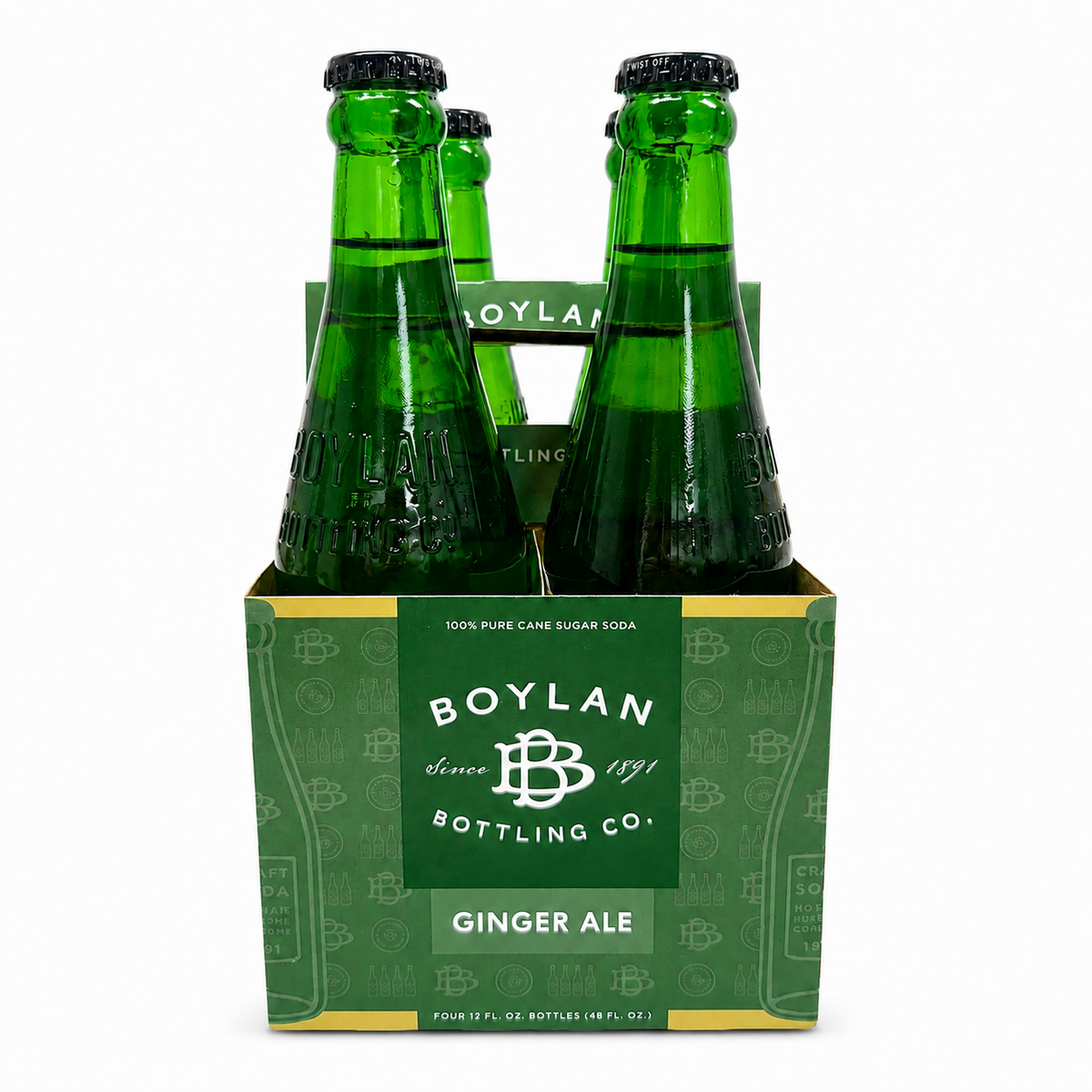Four bottles of Boylan Ginger Ale in a green packaging box on a white background