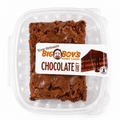 Packaged chocolate cake with Big Boy's Gooey Cakes label on a white background