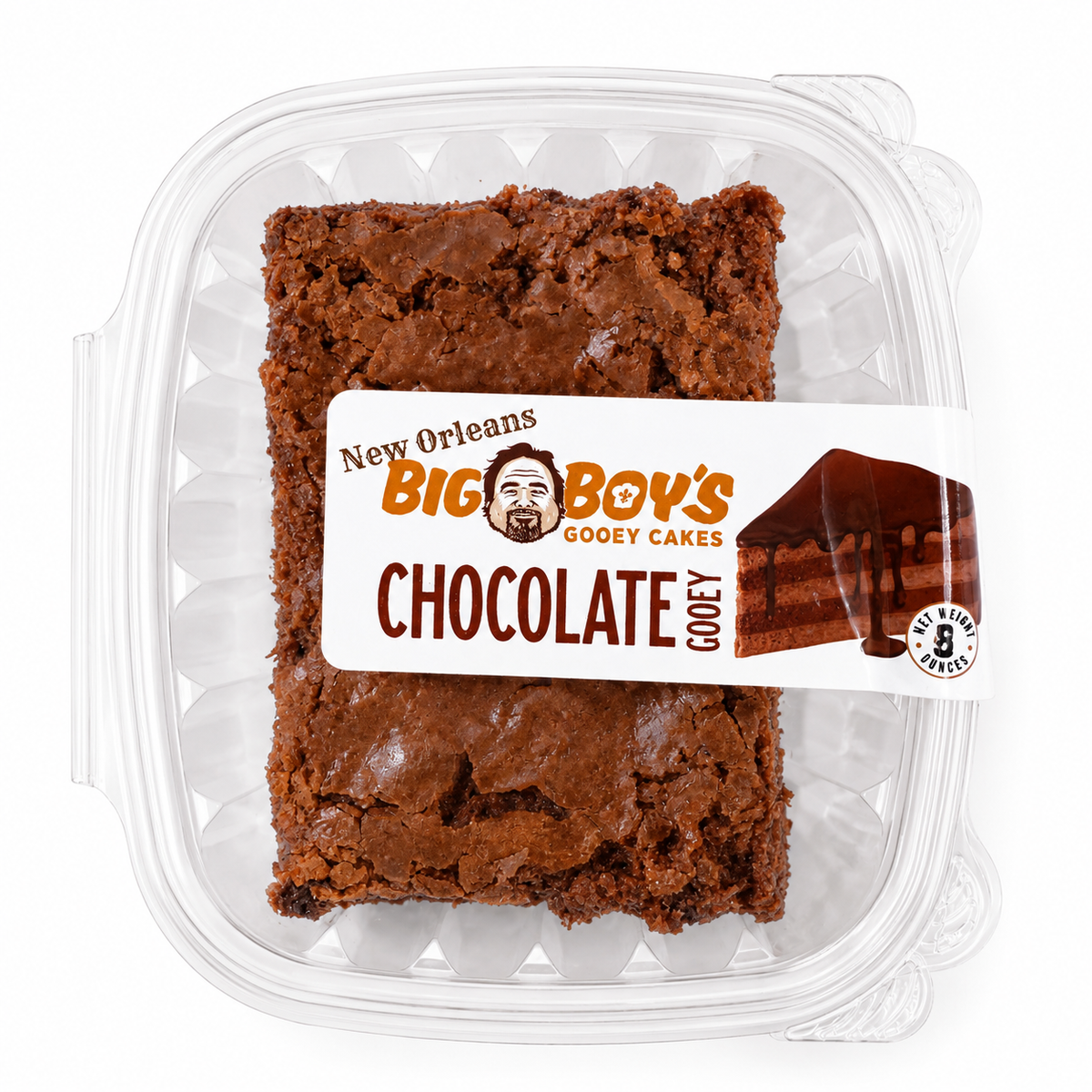 Packaged chocolate cake with Big Boy's Gooey Cakes label on a white background