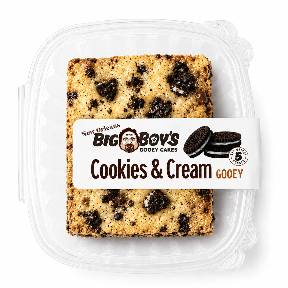 Big Boy Gooey Cookie and Cream in a clear plastic packaging on a white background