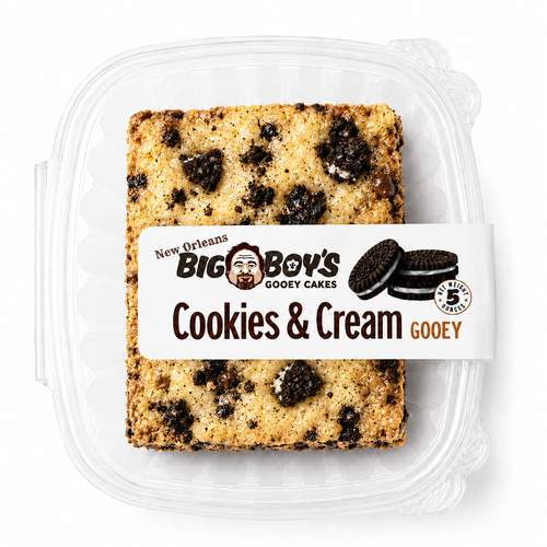 Big Boy Gooey Cookie and Cream in a clear plastic packaging on a white background
