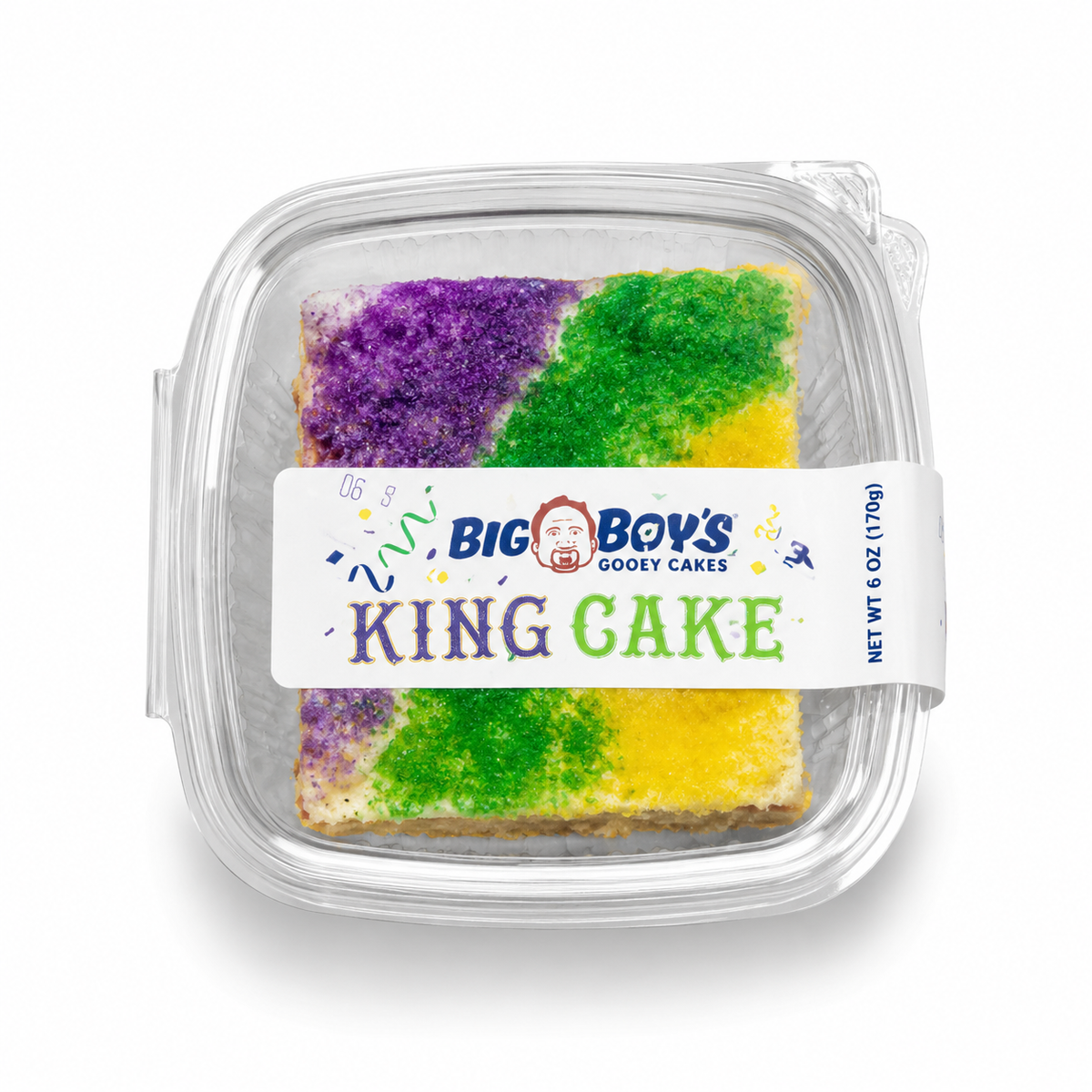 King cake in a clear plastic container with a Big Boy's Gooey Cakes label on a white background
