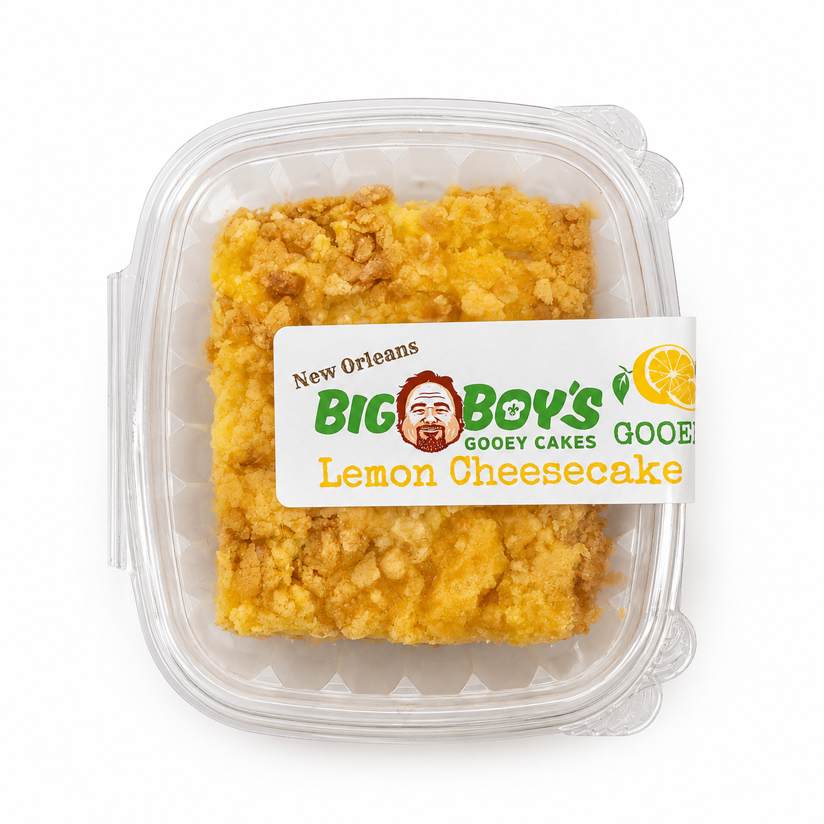 Packaged lemon cheesecake with Big Boy's Gooey Cakes label on a white background