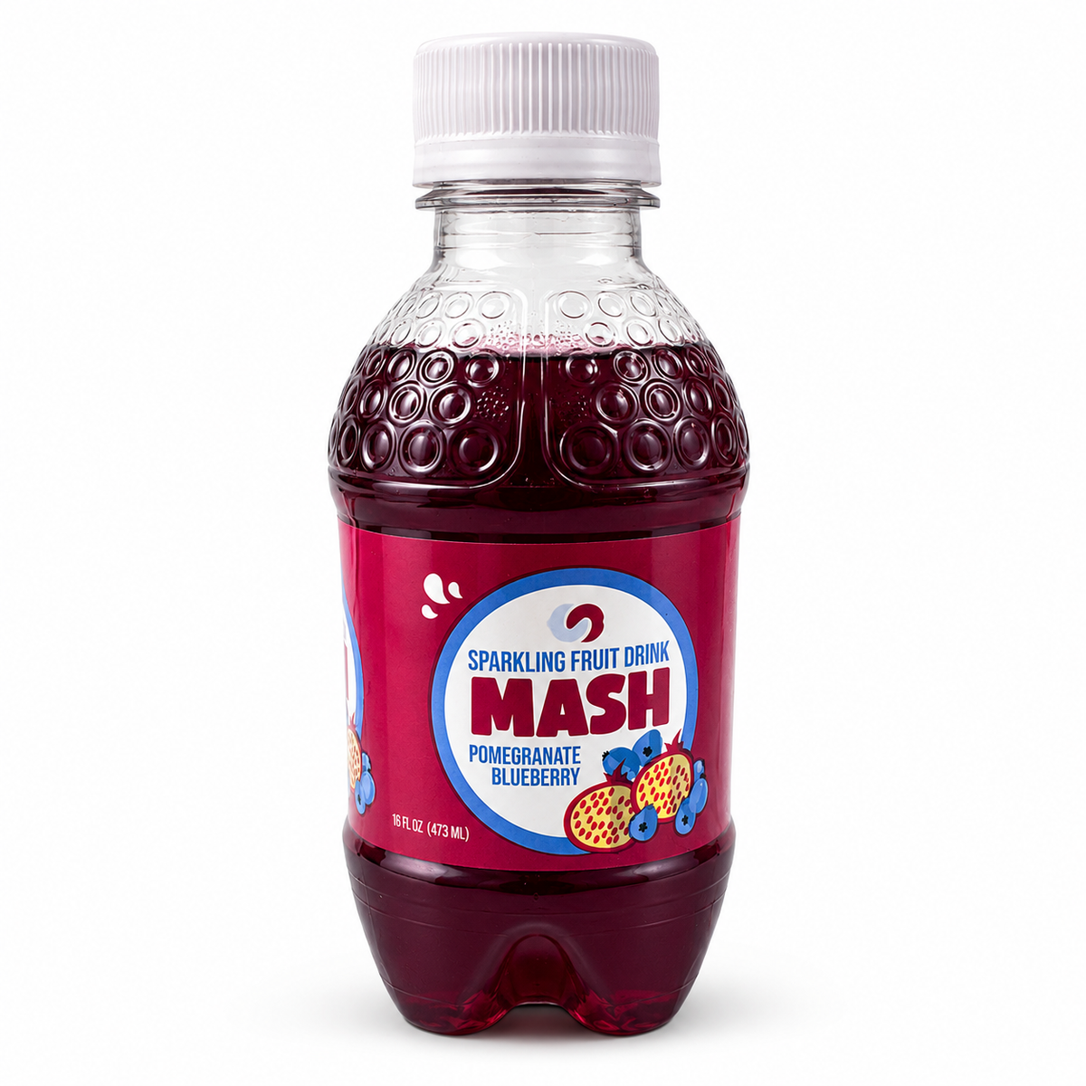 Bottle of Mash sparkling fruit drink with a red label on a white background