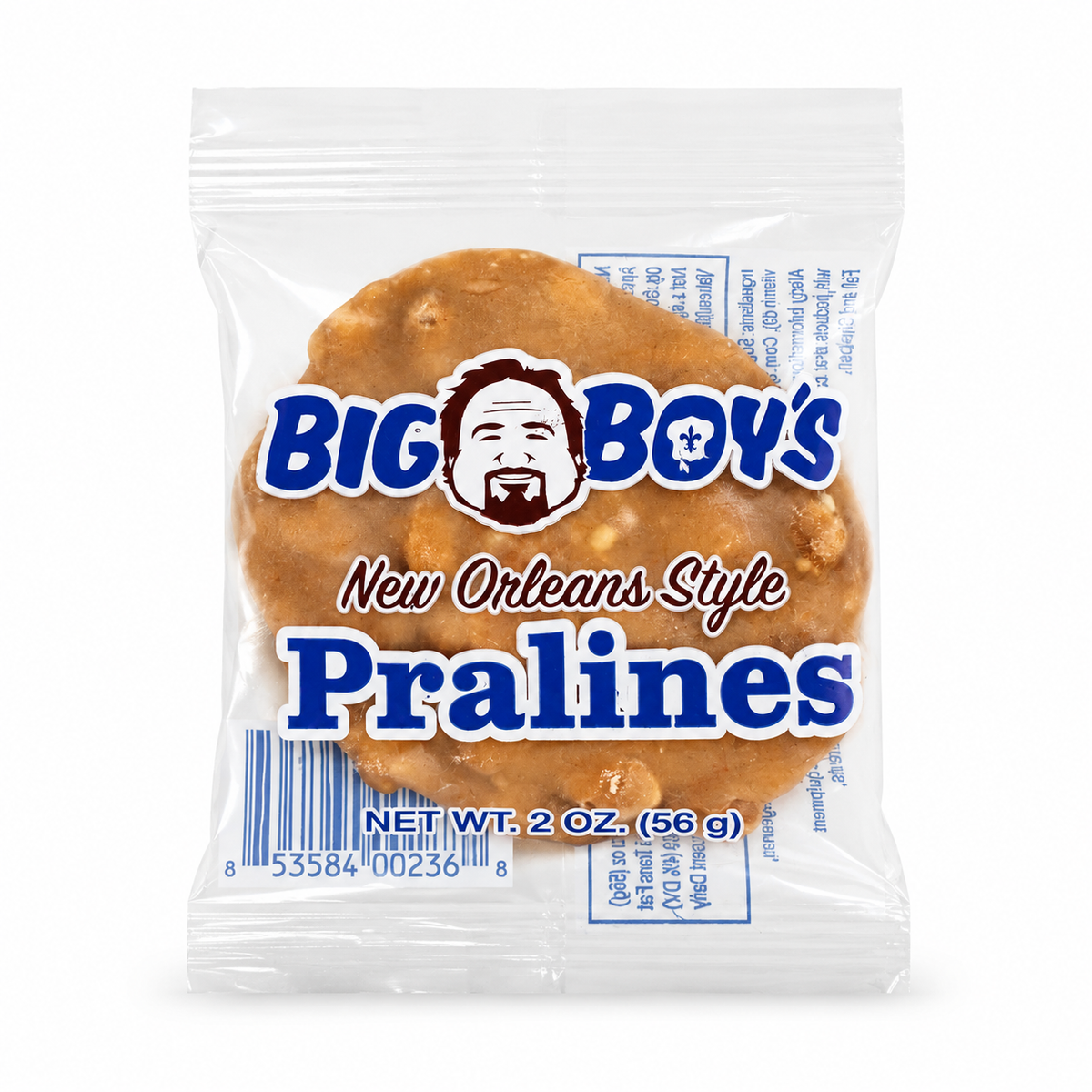 Big Boy’s New Orleans Style Praline individually wrapped in clear packaging with a white background