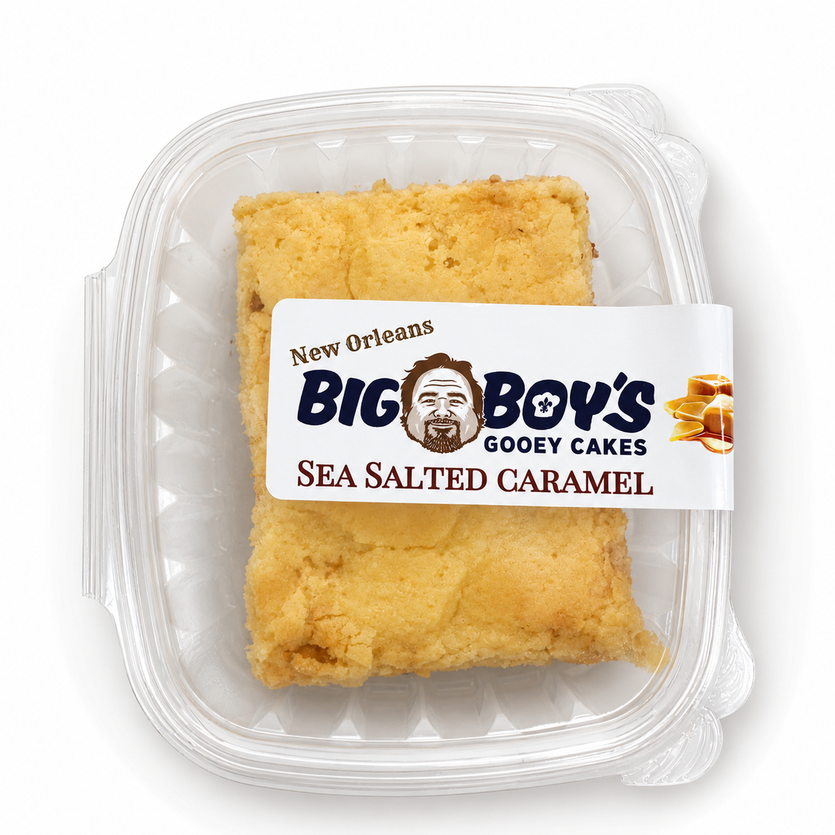 Packaged sea salted caramel gooey cake with Big Boy's Gooey Cakes label on a white background