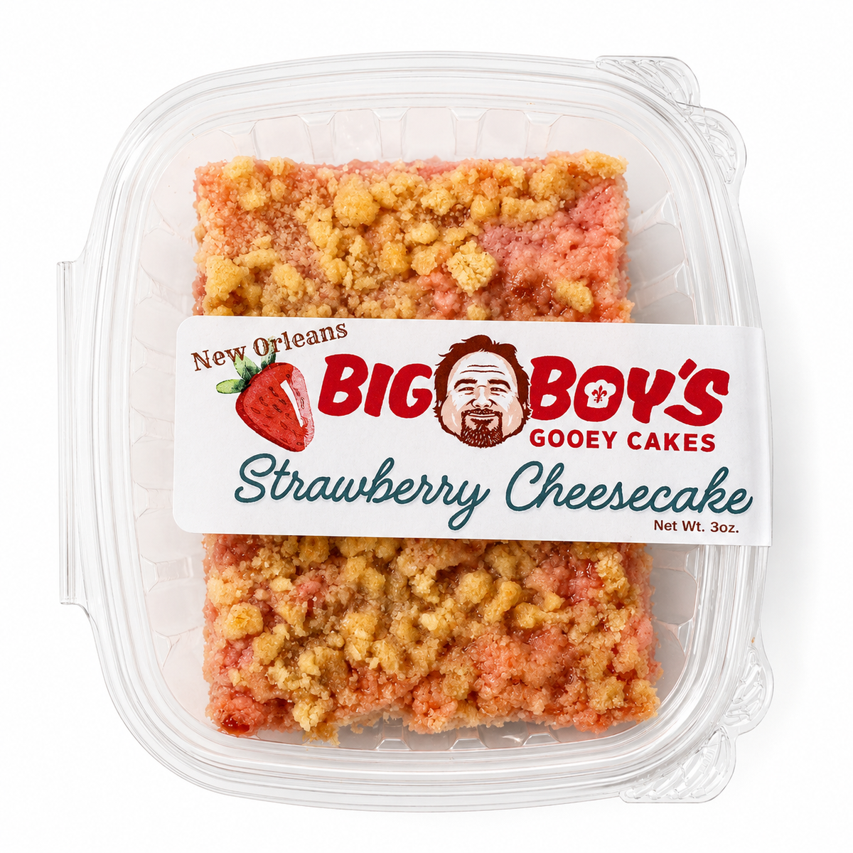 Big Boy Gooeys Strawberry Cheesecake in clear packaging on a white background.