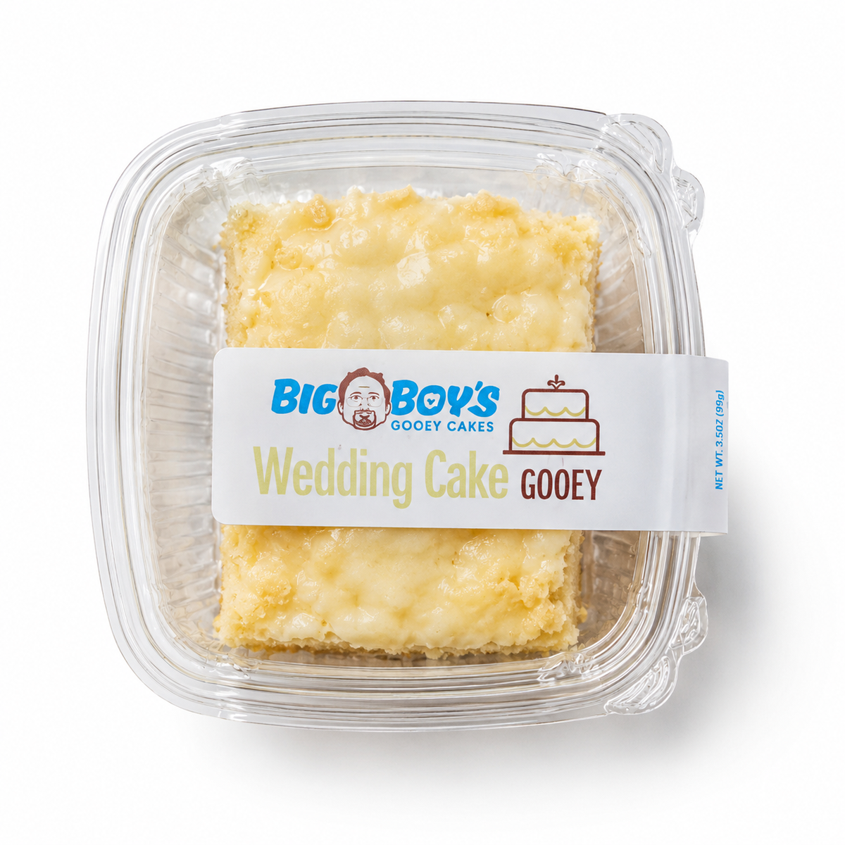 Packaged wedding cake gooey product with Big Boy's branding on a white background